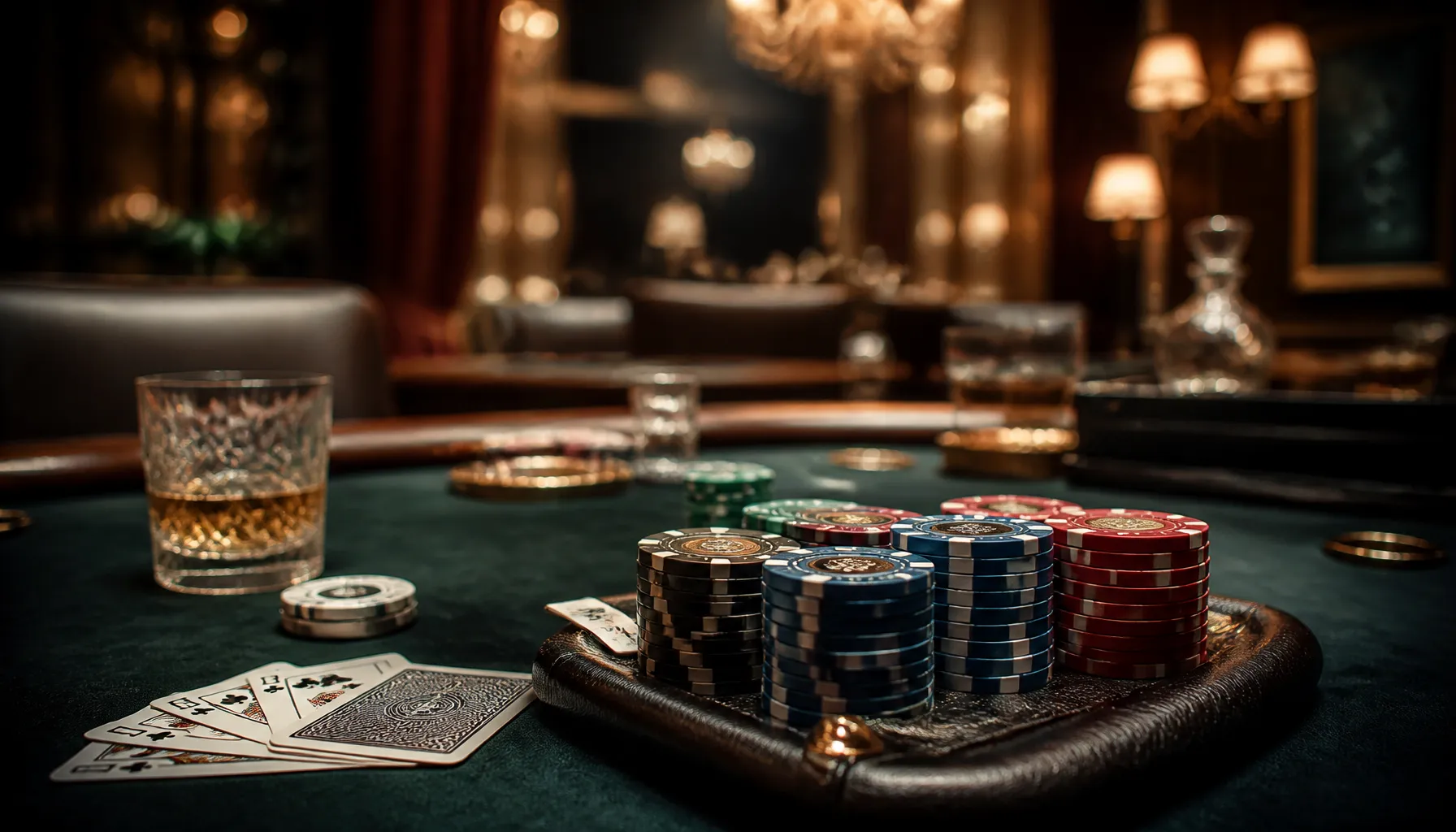 Close-up of a gleaming golden cowboy hat resting beside a stack of premium casino chips on a dark velvet surface, cinematic w