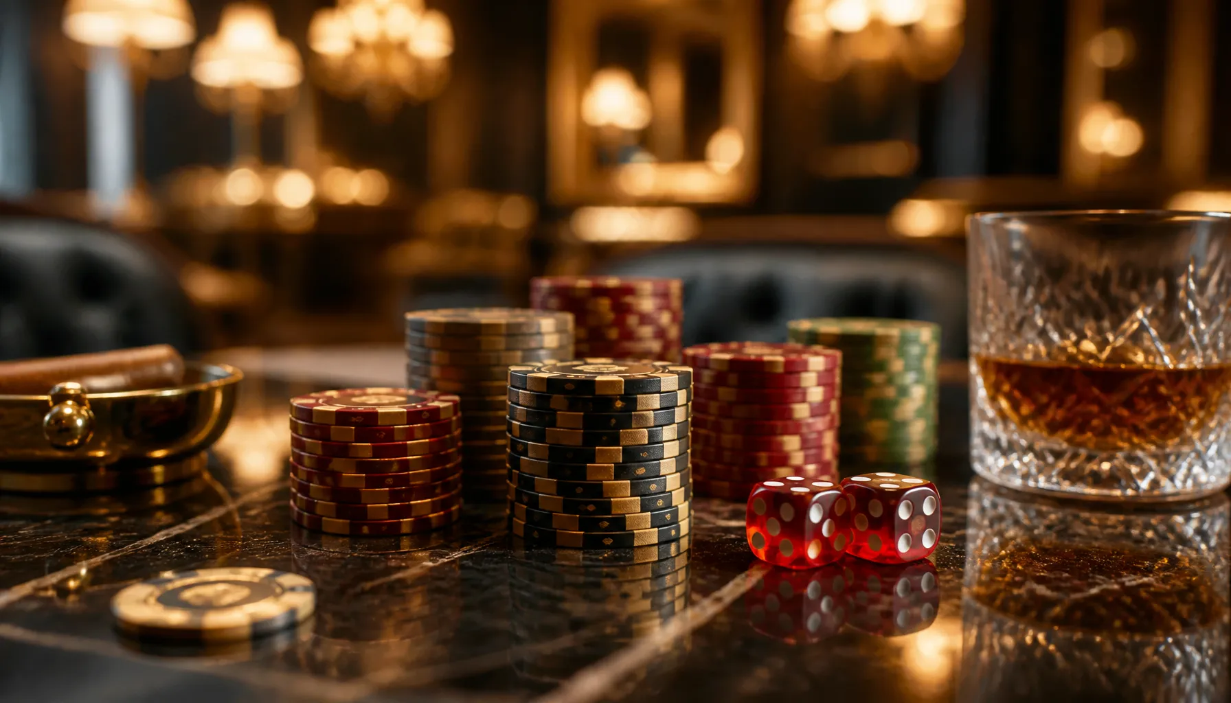 Close-up of a gleaming golden cowboy hat resting beside a stack of premium casino chips on a dark velvet surface, cinematic w