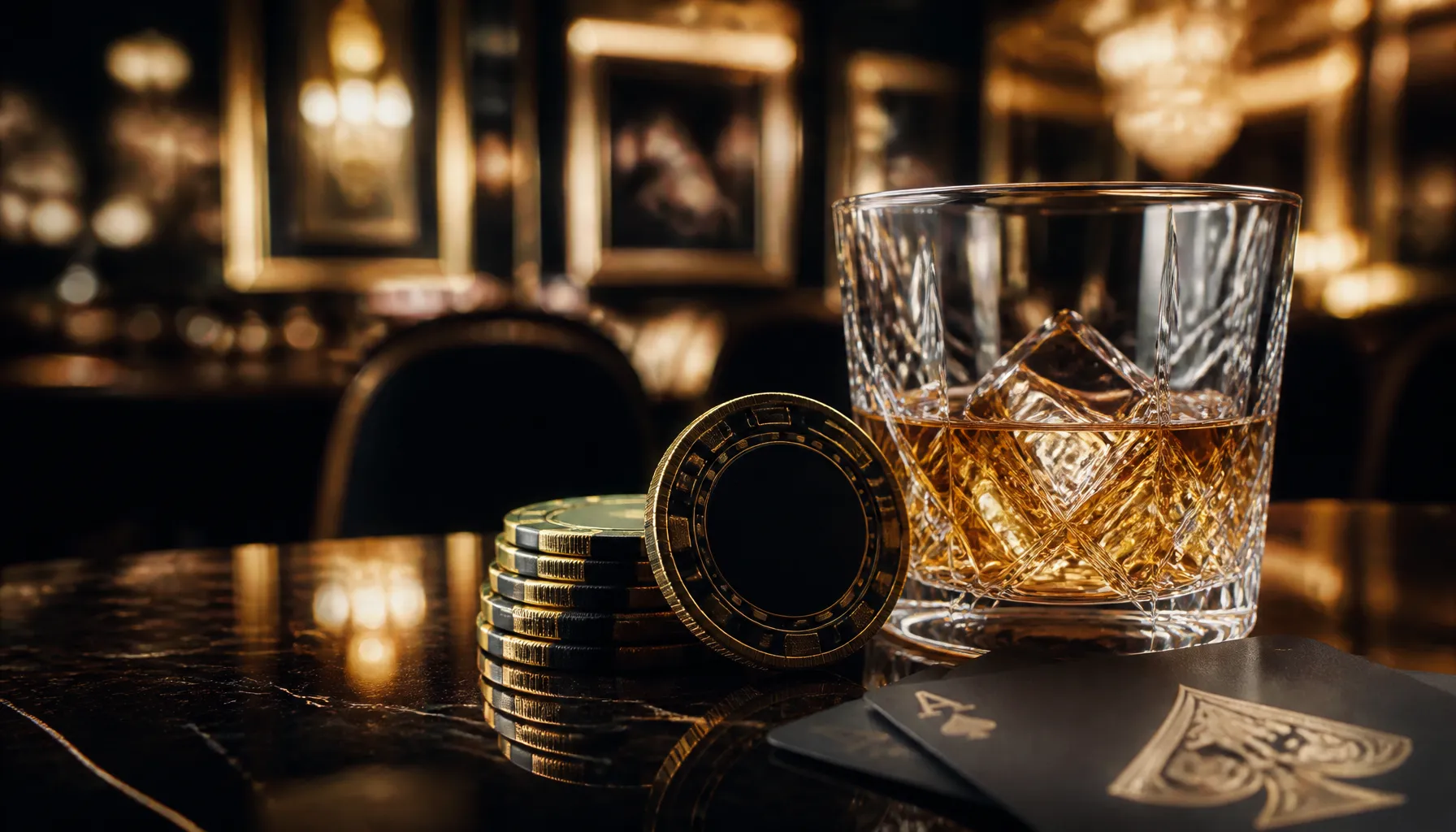 Close-up of a gleaming golden cowboy hat resting beside a stack of premium casino chips on a dark velvet surface, cinematic w