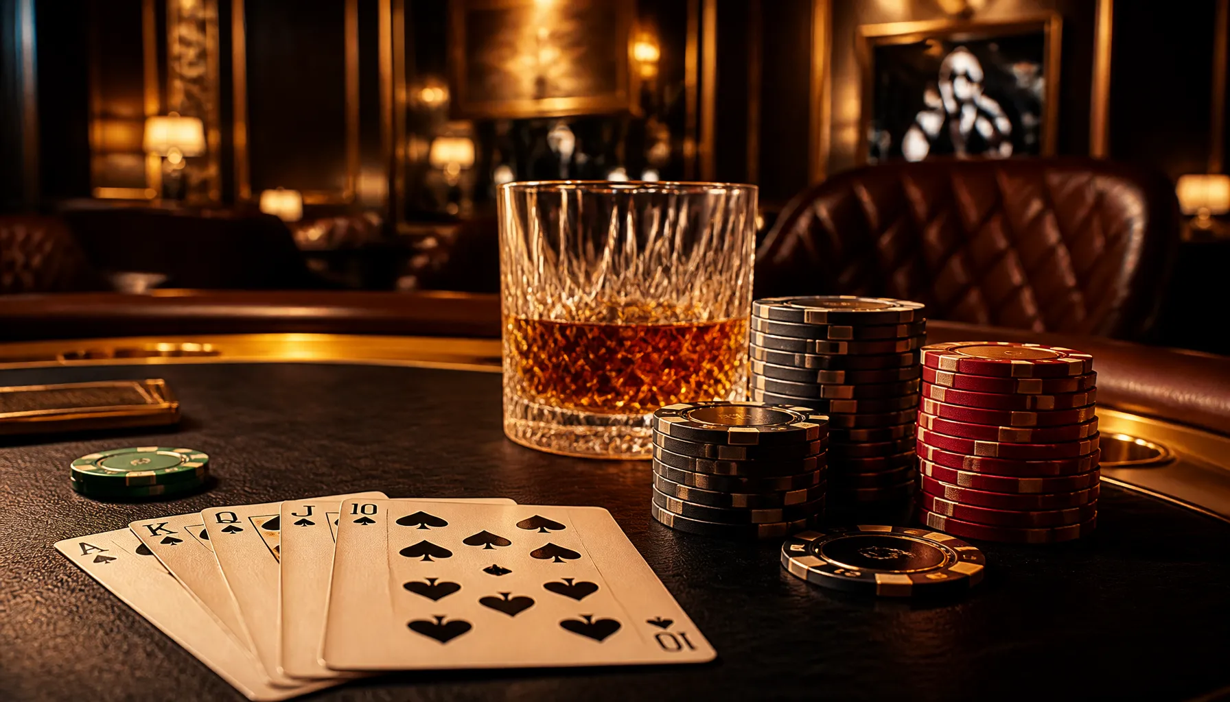 Close-up of a gleaming golden cowboy hat resting beside a stack of premium casino chips on a dark velvet surface, cinematic w
