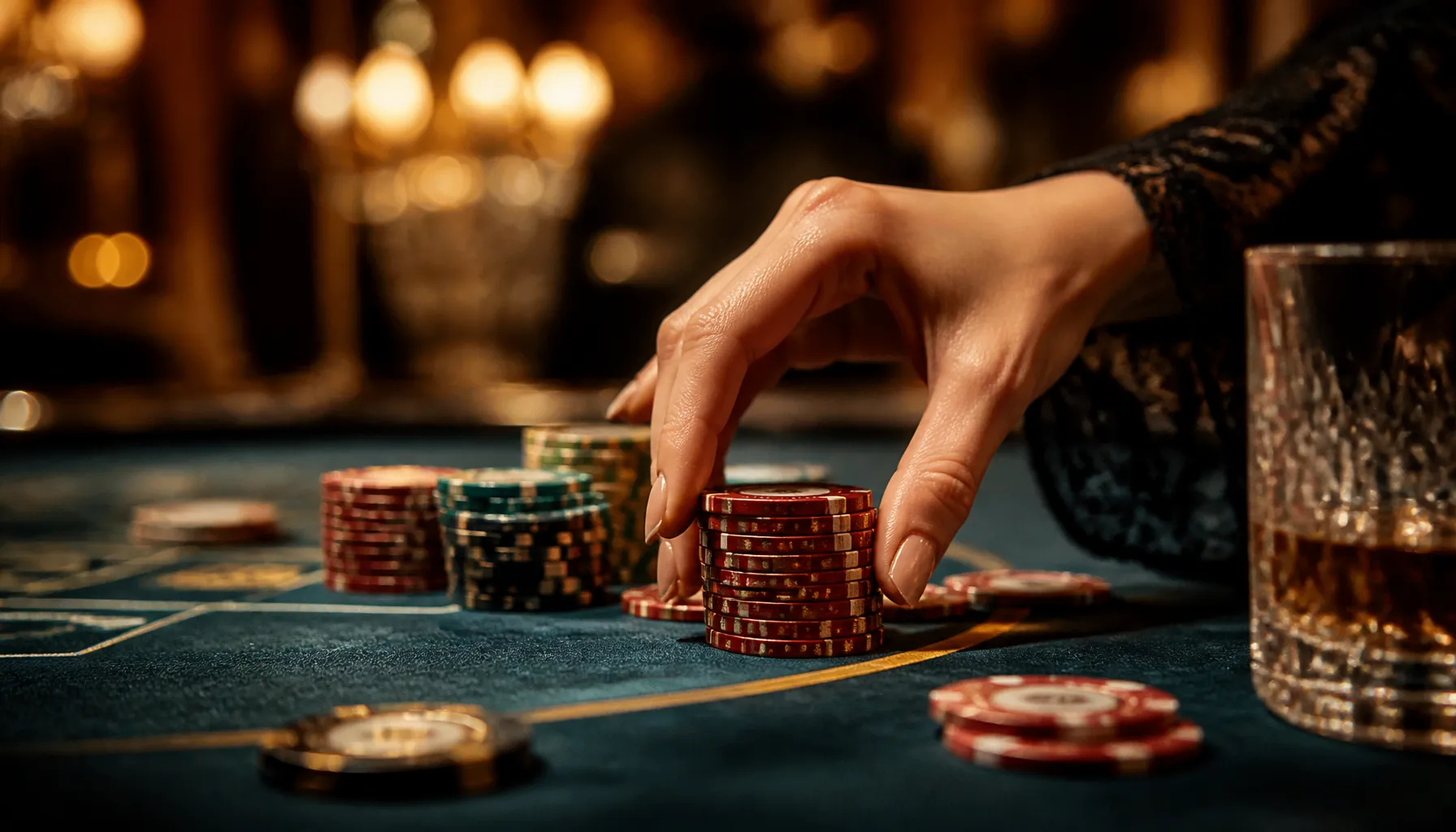 Close-up of a gleaming golden cowboy hat resting beside a stack of premium casino chips on a dark velvet surface, cinematic w