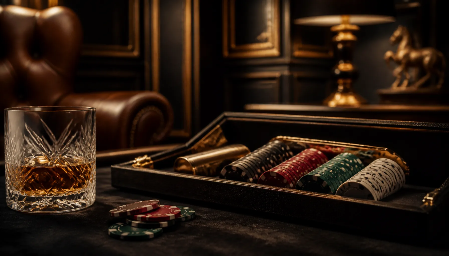 Close-up of a gleaming golden cowboy hat resting beside a stack of premium casino chips on a dark velvet surface, cinematic w