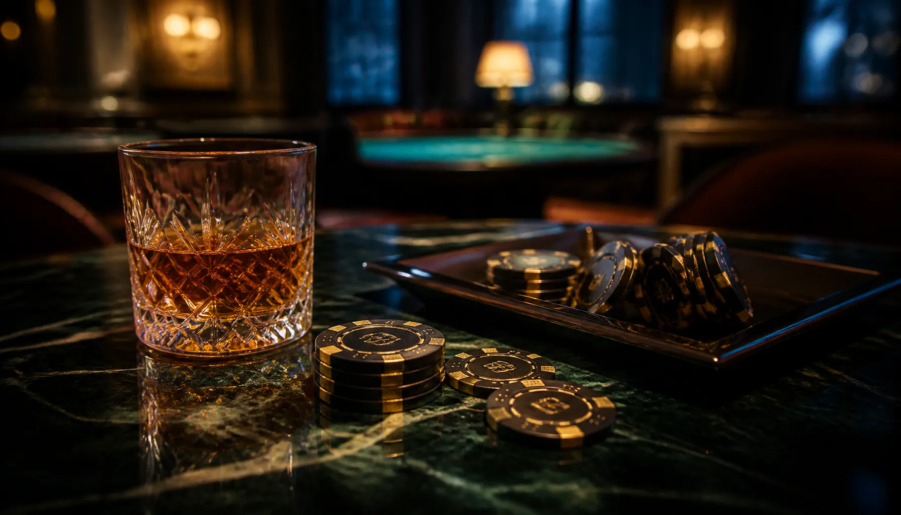 Close-up of a gleaming golden cowboy hat resting beside a stack of premium casino chips on a dark velvet surface, cinematic w